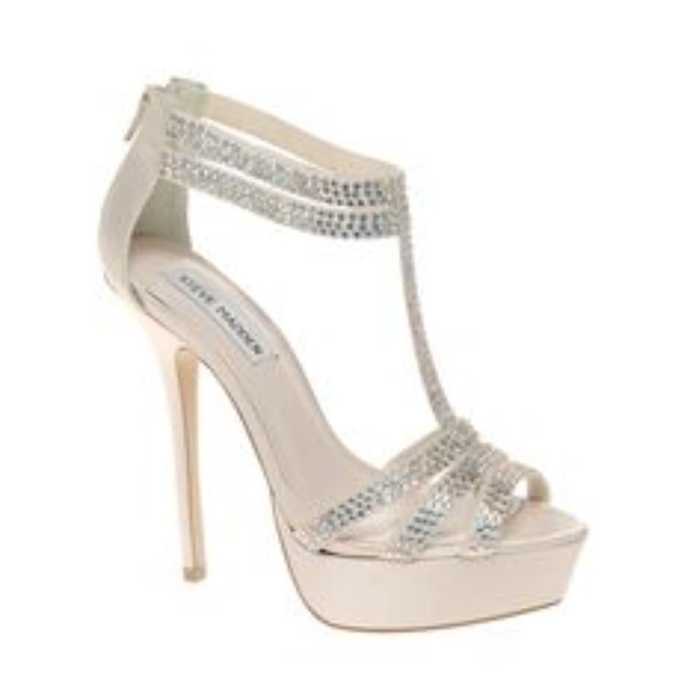 Steve Madden Showstop Champagne Satin Jeweled Heels size 6